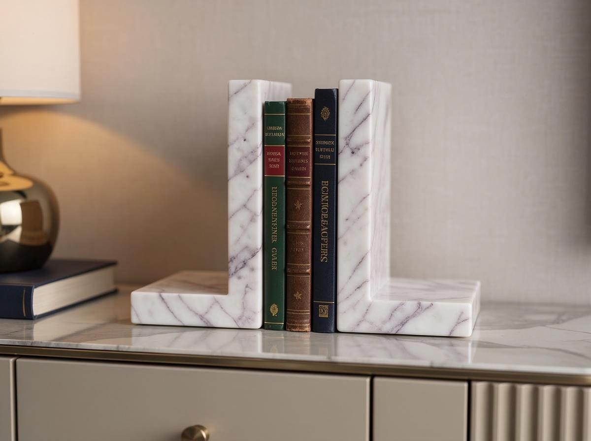 Anatolian Violet Marble Bookends | Handcrafted L-Shape Stone Book Stoppers, Bookshelf Decor