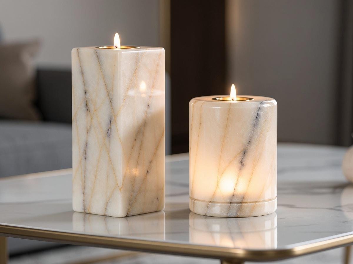 Anatolian Violet Marble Candle Holders | Handcrafted 2-Piece Set, Luxury Home Decor