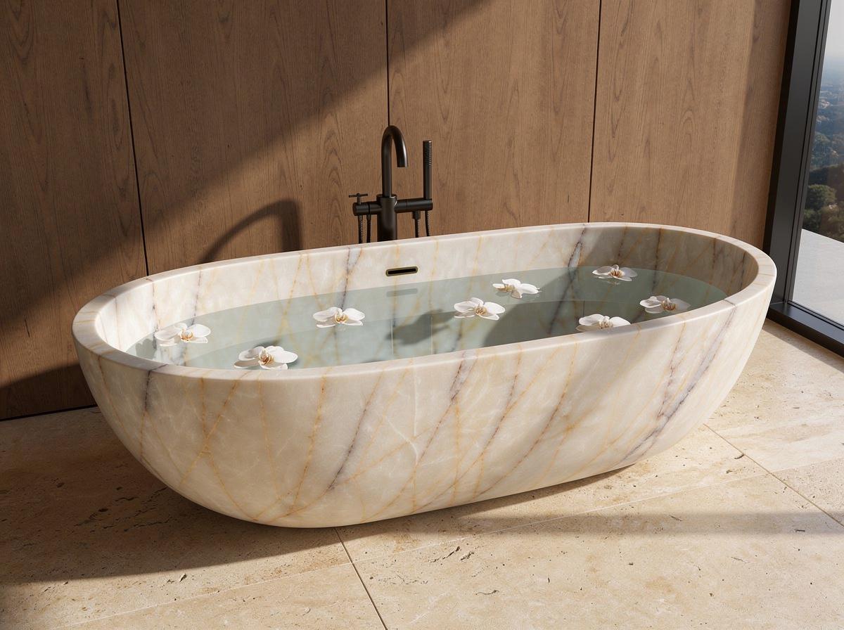 Anatolian Violet Marble Freestanding Bathtub | Hand-Carved Natural Stone Soaking Tub